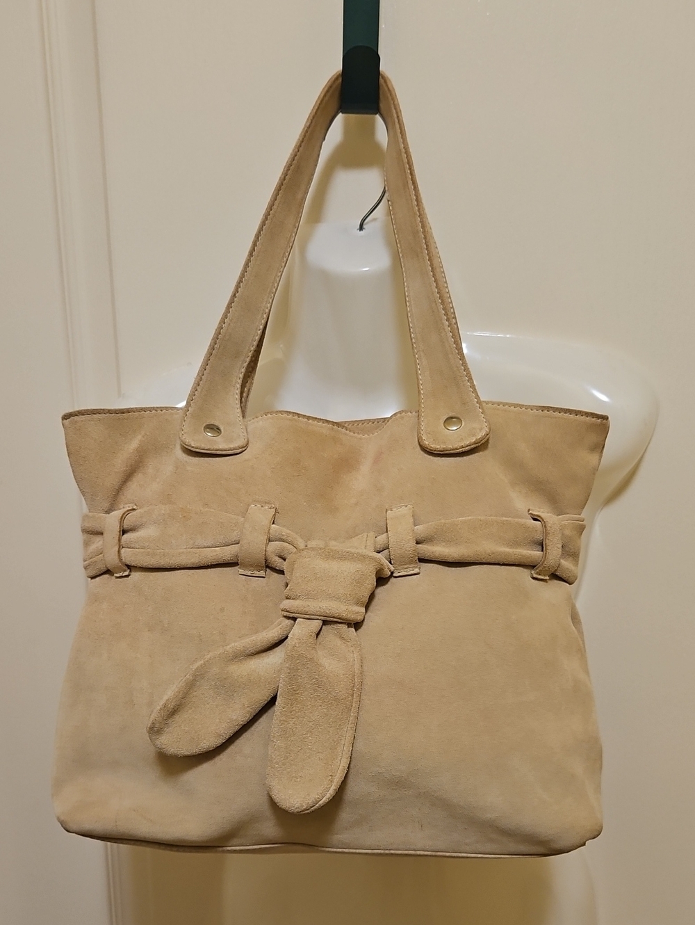 Russell Bromley Suede Beige Satchel Handbag Bow On Front Logo Name On Back